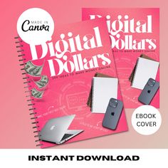 two spiral notebooks sitting next to each other on top of a pink background with the text instant digital dollars