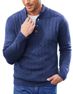 PRICES MAY VARY. 【COMFORT FABRIC】The men's casual knit sweater adopts with high quality material, which provides a soft and warm wearing experience in chill days. 【STYLISH DESIGN】The men's henley pullover sweater features with regular fit, button front neckline and soft stand collar, ribbed cuffs and hem. The body of the jumper has a textured design on the front. 【CLOTHING MATCH】The men long sleeve pullover jumper could be matched with stylish jeans or casual pants for the daily look, or pair wi Winter Crew Neck Henley With Buttons, Sweaters Blue, Mens Pullover Sweater, Henley Sweater, Stylish Jeans, Mens Henley, Button Sweater, Long Sleeve Knit Sweaters, Textured Design