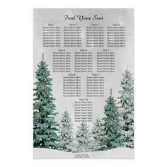 a winter wedding seating chart with evergreen trees in the snow on a white paper background