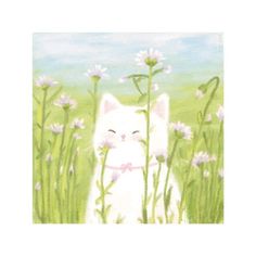 a painting of a white cat sitting in the middle of some purple and white flowers