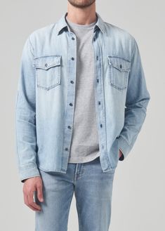 Cairo Utility Shirt in Tempo Relaxed Fit Washed Tencel Tops, Classic Relaxed Fit Denim Top, Classic Medium Wash Tops For Casual Gatherings, Classic Tops For Casual Gatherings, Classic Blue Top For Casual Gatherings, Casual Unstructured Medium Wash Top, Casual Unstructured Denim Tops, Classic Tops With Medium Wash And Spread Collar, Relaxed Fit Long Sleeve Tencel Shirt