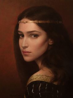 a painting of a woman with long dark hair wearing a gold headband and black dress