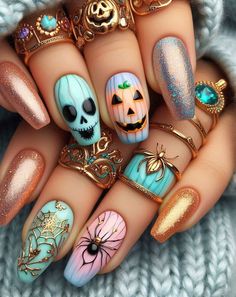 Glow-in-the-Dark Delights: These nails will light up the night (and your Instagram feed). Perfect for séances and dance parties. 💫🌌 Fall Halloween Nail Ideas, Amazing Halloween Nails, Glow In The Dark Fall Nails, Halloween Color Nail Ideas, Floral Halloween Nails, Dark Witchy Nails, Nails Art Halloween, Dark Fall Nails, Desain Salon Kuku