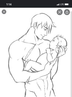 a drawing of a man holding a baby in his arms and looking at the camera