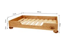 a wooden bed frame with measurements for the top and bottom drawers on each side,