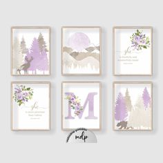 six purple and white nursery art prints with the letter m, n, d, e,