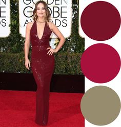 an image of a woman in a gown on the red carpet with color swatches