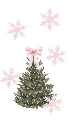 a christmas tree with pink bows and snowflakes on the top, in front of a white background