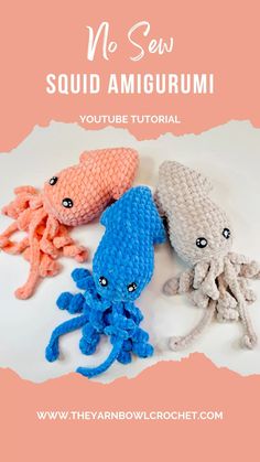 three knitted octopus toys sitting next to each other