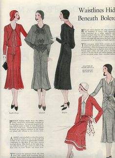 Ladies fashion pattern 1930's This is an original page taken from a 1930 magazine. Advertising patterns for dresses. Waistlines hide beneath Boleros. Selected by Renee Revila, Drawings by Ben-Hur Baz. Page shows 5 styles of dresses with matching cloche hats and shoes. Measures 10 1/2 x 13 1/2 inches in good condition E-186 Page Drawing, 1930s Fashion Women, 1930 Fashion, Patron Vintage, Retro Looks, Evolution Of Fashion, Fashion Journals, 1930s Fashion, Ladies Dress