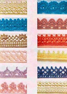 six different colors of crochet lace on white paper with pink, blue, yellow and orange trimmings