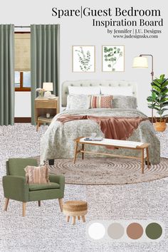 the bedroom is decorated in shades of green, beige and white with an accent color scheme