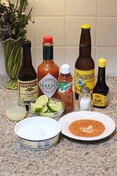 spices, seasonings and condiments on a counter top