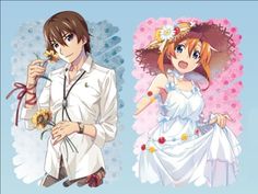 two anime characters one is holding a flower and the other is wearing a white dress