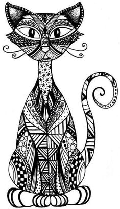 a black and white drawing of a cat with intricate designs on it's face