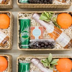 four small baskets filled with assorted food items