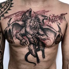 a man with tattoos on his chest has a lion tattoo on it's chest