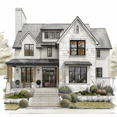 this is an artist's rendering of the front elevation of a house with landscaping