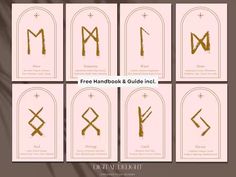 twelve gold foiled business cards with the letter m on them and an arrow in the middle