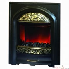 an electric fireplace with red flames in the middle and gold trimmings on it