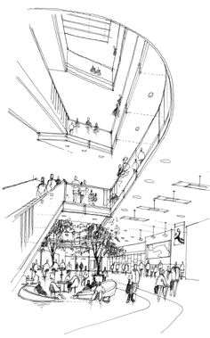 this is an architectural drawing of the interior of a building with people sitting and walking around