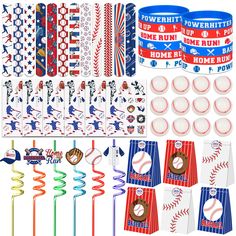 a bunch of party supplies and decorations for a baseball themed birthday