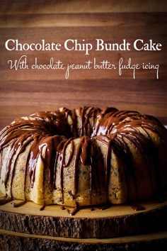 chocolate chip bundt cake with chocolate glaze and icing on a wooden board