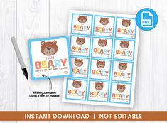 beary baby shower stickers with pen on white wooden background, instant printable