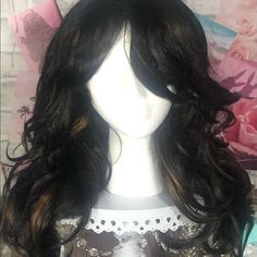 Darkest Brown/Black With Caramel Highlights Wavy Wig Medium Length With Bangs - New, Never Worn W008 Black With Caramel Highlights, Medium Length With Bangs, Hair Colors For Dark Hair, Black Hair With Brown Highlights, Pretty Hair Cuts, Dark Brown Highlights, Black Hair Wigs, Black Hair With Highlights, Caramel Highlights