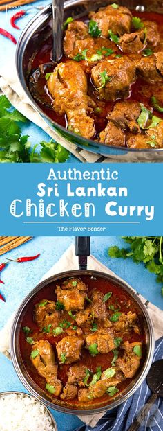 two pans filled with chicken curry next to rice and cilantro on a blue table cloth