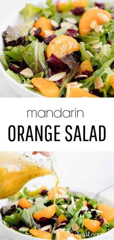 orange salad with dressing being drizzled over it in a white bowl and on the side