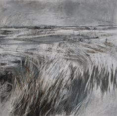 an abstract painting with grass and water in the foreground, on a gray background