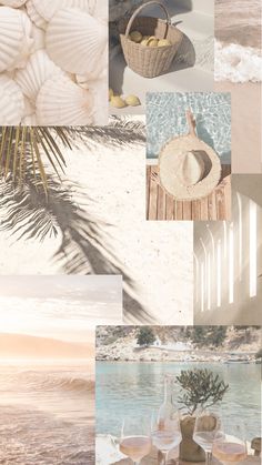 a collage of photos with white sand and palm trees