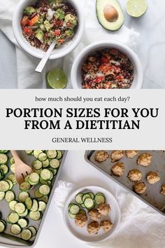 bowls of food with the title how much should you eat each day? portion sizes for you from a dietian