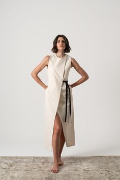 Aurore Linen Midi Dress Natural Beige - LUXMII Spring High-neck Dress With Side Slits, Spring High Neck Dress With Side Slits, A-line Dress With Side Slits, Chic High Neck Dress With Side Slits, Spring High Neck Maxi Dress With Side Slits, Fitted A-line Dress With Side Slits, Elegant High Neck Maxi Dress For Work, Beige High Neck Summer Dress, Beige High Neck Dress For Summer