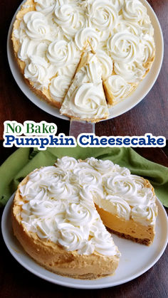 no bake pumpkin cheesecake on a white plate with the remaining slice cut out