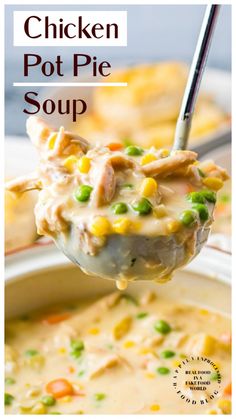 a spoon full of chicken pot pie soup