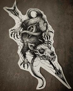 a black and white drawing of a dragon with a skull on it's head