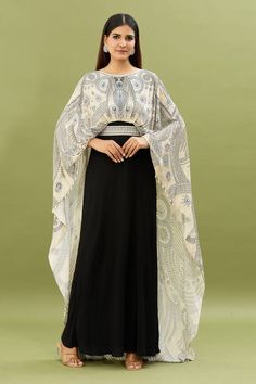 Ivory and black cape attached kaftan with all over geometric print highlighted by rhinestones and beadwork embellishments in a draped silhouette. Comes with embellished belt. - Aza Fashions Evening Kaftan With Cape Sleeves For Eid, Elegant Embellished Cape Kaftan, Traditional Evening Kaftan With Cape Shape, Traditional Evening Kaftan With Cape, Kaftan Women, Kaftan For Women, Embellished Belt, Black Cape, Cape Sleeves