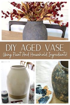 several different vases are shown with the words diy aged vase using paint and household ingredients