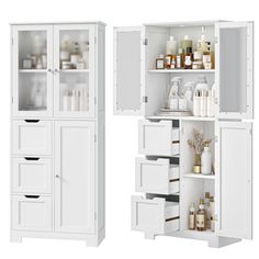 two white cabinets with drawers and shelves filled with bottles, soaps and other items