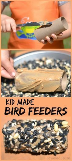 kids make bird feeders out of toilet paper rolls and cardboard tubes for the birds to eat