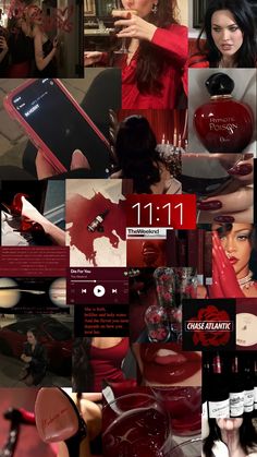 a collage of photos with red and black items on them, including lipstick bottles