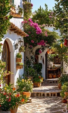 an alley way with potted plants and flowers on the steps leading up to it