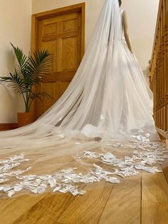 a woman in a wedding dress is standing on the floor with her veil over her head