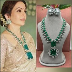 Nita Ambani inspired  luxurious green CZ necklace set in White gold plating and matching Earrings *AAA quality cubic zirconia used. *Highest quality and craftsmanship *Necklace Fitting is adjustable *Earrings Closure: Pushback Necklace Closure: Hook Hi! Total length of the necklace 22-24 inches, adjustable length Upper stone length 4 inches Lower stone length 4.5 inches approx Item includes necklace and studs earrings Luxury Multi-stone Necklace For Wedding, Luxury Emerald Jewelry Sets Hand Set, Luxury Hand Set Emerald Jewelry Sets, Exquisite Emerald Necklace With Diamond, Luxury Hand-set Emerald Jewelry Sets, Exquisite Green Emerald Necklace With Diamond Accents, Elegant Hand Set Emerald Necklace For Reception, Elegant Hand-set Emerald Necklace For Reception, Luxury Emerald Necklace For Wedding