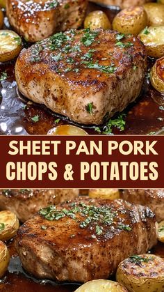 sheet pan pork chops and potatoes with text overlay