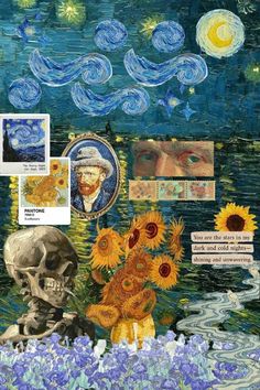 a collage of paintings and pictures with sunflowers in the foreground, an image of a human skull