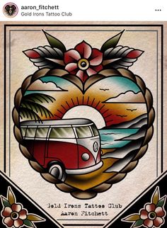 an image of a van with flowers and palm trees in the background, on top of a