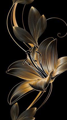 a gold flower on a black background with swirls in the center and leaves at the bottom